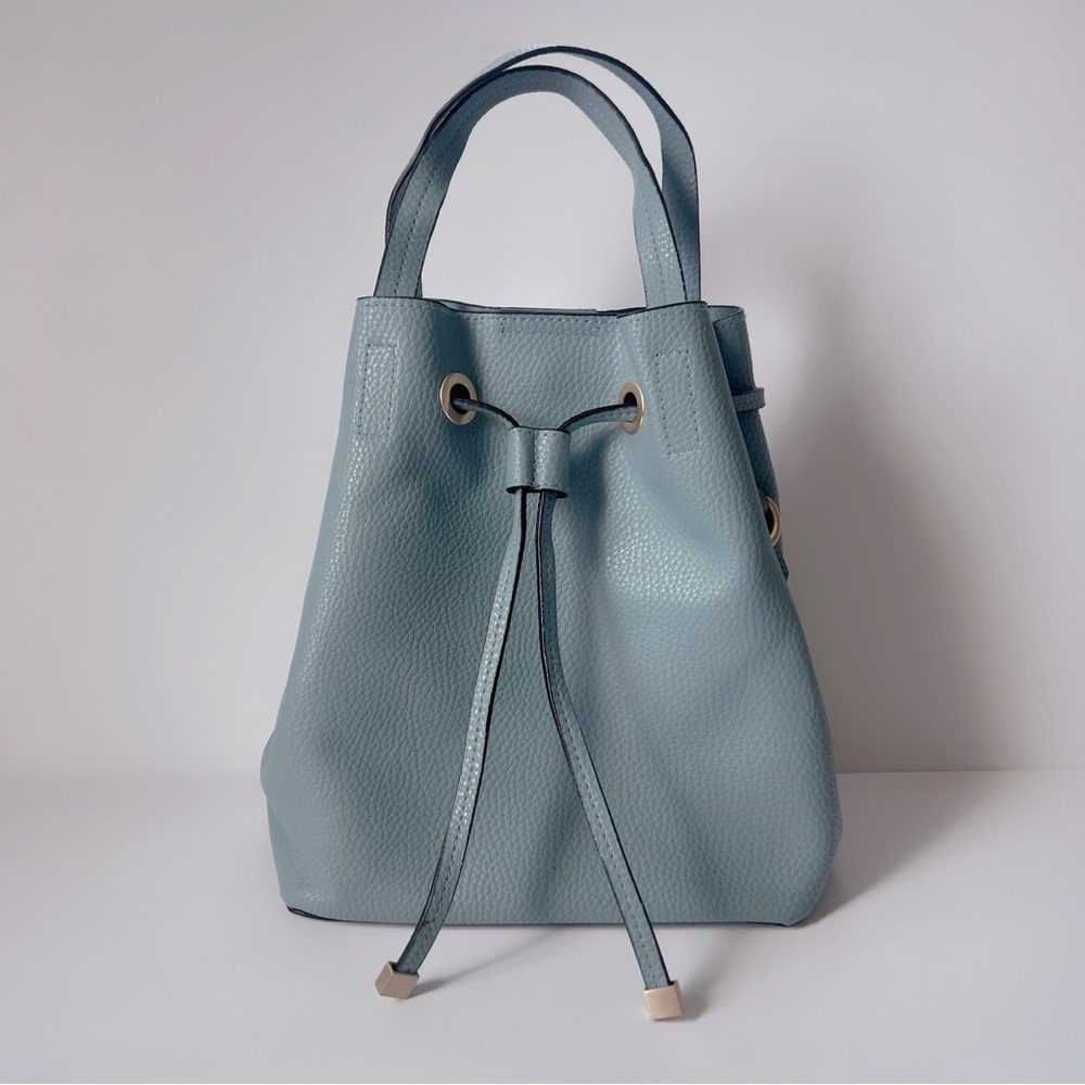 Light Blue Leather Drawstring Bucket Bag